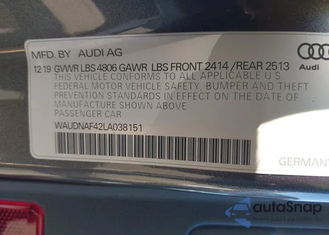 2020 Audi A4 Premium 45 Tfsi Quattro S Tronic from USA, damaged, VIN WAUDNAF42LA038151